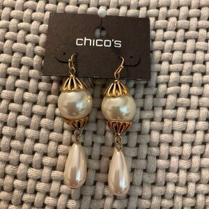 0064-Chico's Gold and Cream Pearl Drop Earrings